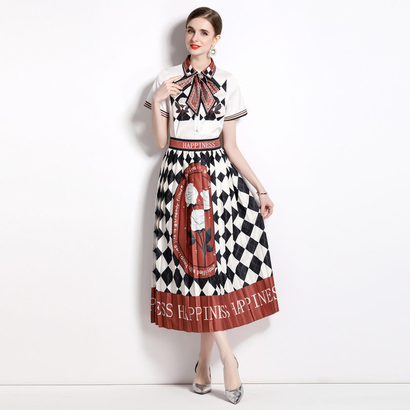 Printed Shirt Collar Elegant Fashionable Pleated Skirt Fashion Two-piece Set