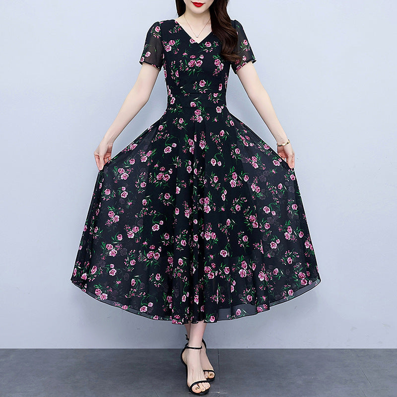 Chiffon Floral Dress Plus Size Plump Girls Waist-tight