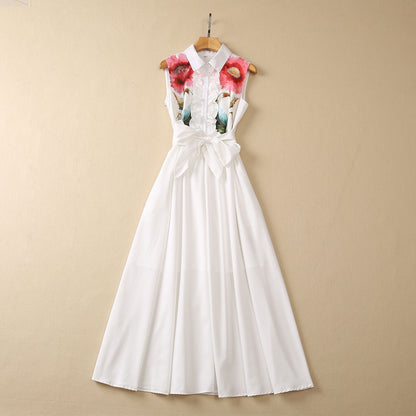 Wooden Ear Positioning Flower Lapel Sleeveless Dress