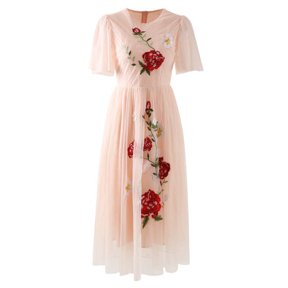 Exquisite Embroidered Flowers Short Sleeve Waist-controlled Dress