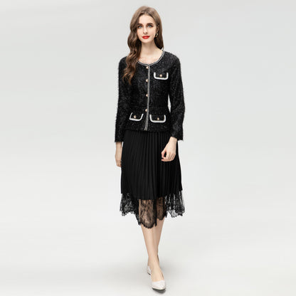 Long Sleeve Wool Tassel Stitching Pleated Large Swing Dress