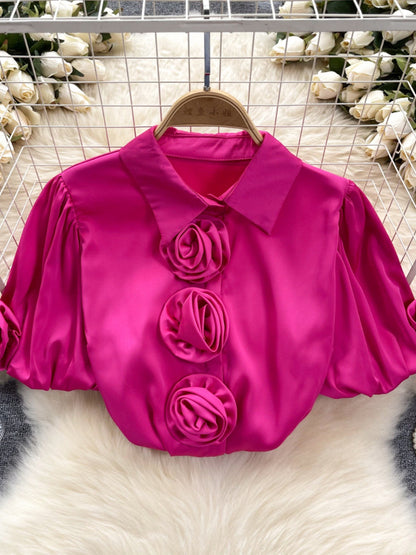 Three-dimensional Flower Puff Sleeve 1 French Satin Top