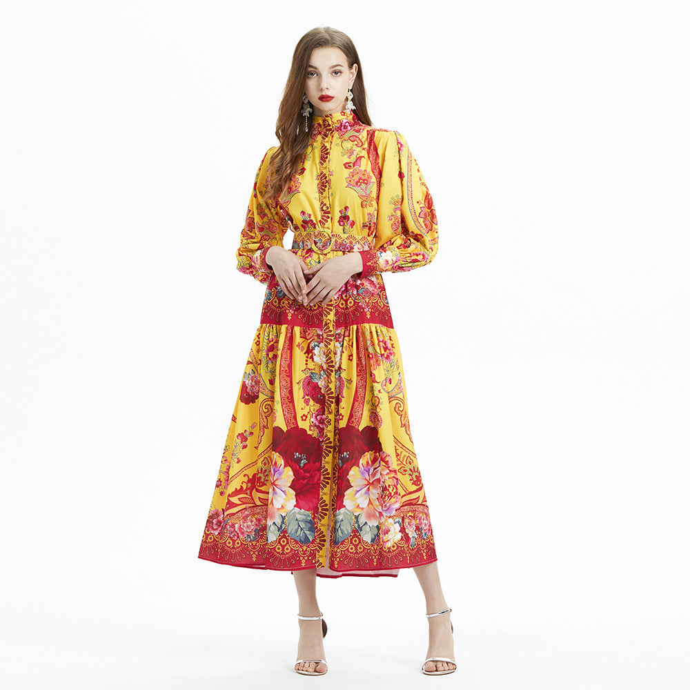 Lantern Sleeve Printed Long Sleeve Elegant Linen Waist Trimming Ruffles Dress