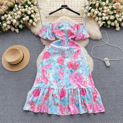 Off-neck Off-the-shoulder Puff Sleeves Slim-fit Mid-length Printed Dress