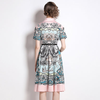 Shirt Collar Waist Three-dimensional Fluffy A- Line Pleated Hem Floral Print Dress