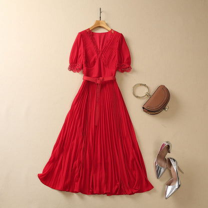 Heavy-duty Pleated Lace V-neck High Waist Chiffon Dress