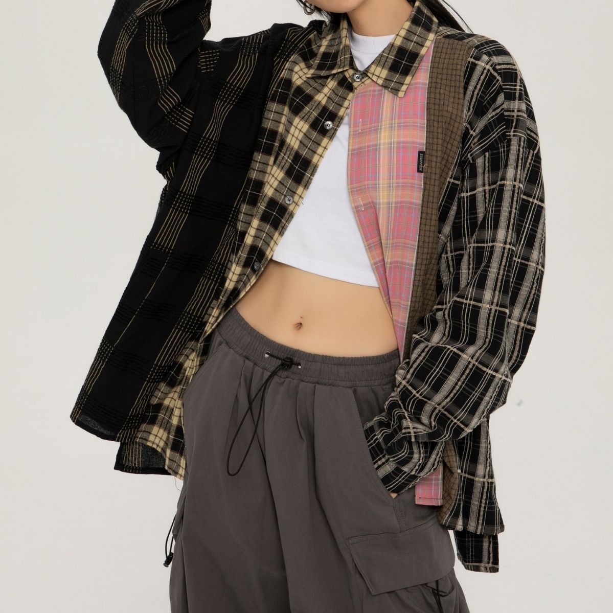 Women's Patchwork Plaid Long-sleeved Shirt Coat