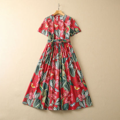 Round Neck Plant Flower Pleated Large Hem Waist Dress