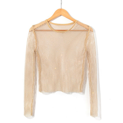 Women's Fashion Simple Solid Color Mesh Rhinestone Long Sleeve Top