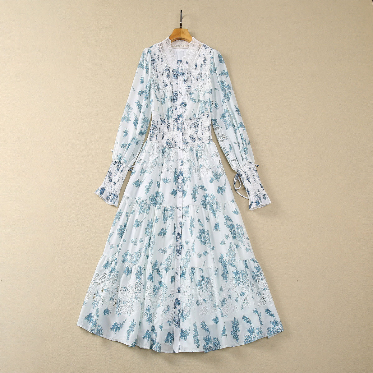 Smocking Elastic Waist Long Sleeve Chiffon Stitching Dress