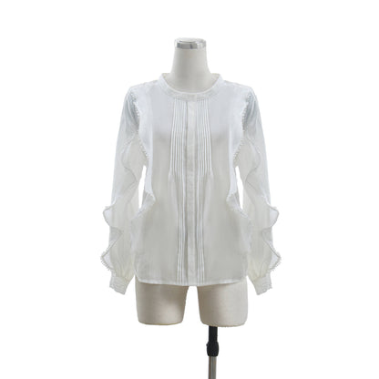 French Linen Elegant Wooden Ear Belly Covering Slimming Loose All-match Lace Sense Of Design Shirt