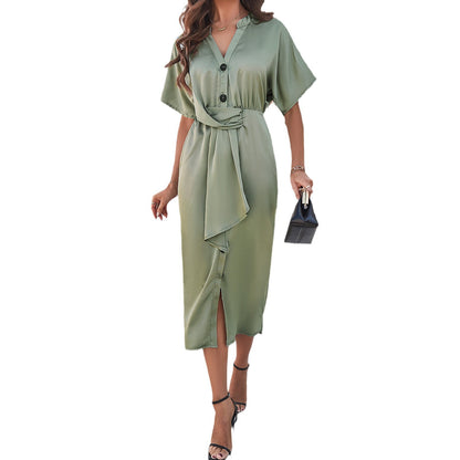 Spring And Summer Solid Color Temperament V-neck Short Sleeve Dress