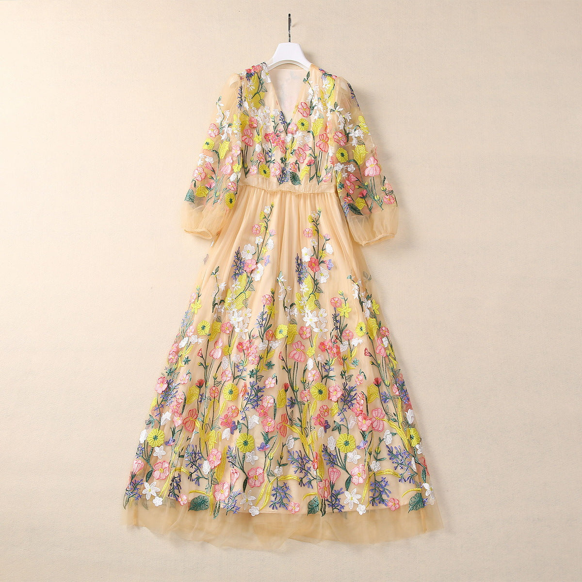 Machine Embroidery Flower Mesh Large Swing Sleeve V-neck Dress