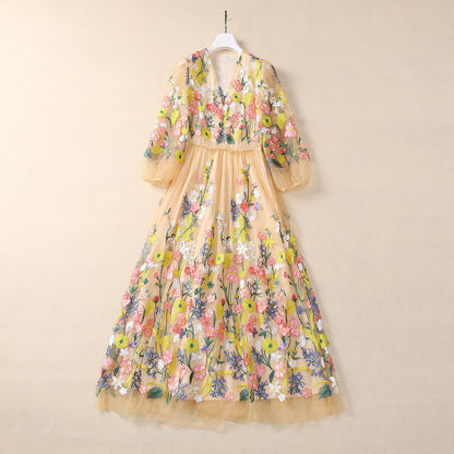 Machine Embroidery Flower Mesh Large Swing Sleeve V-neck Dress