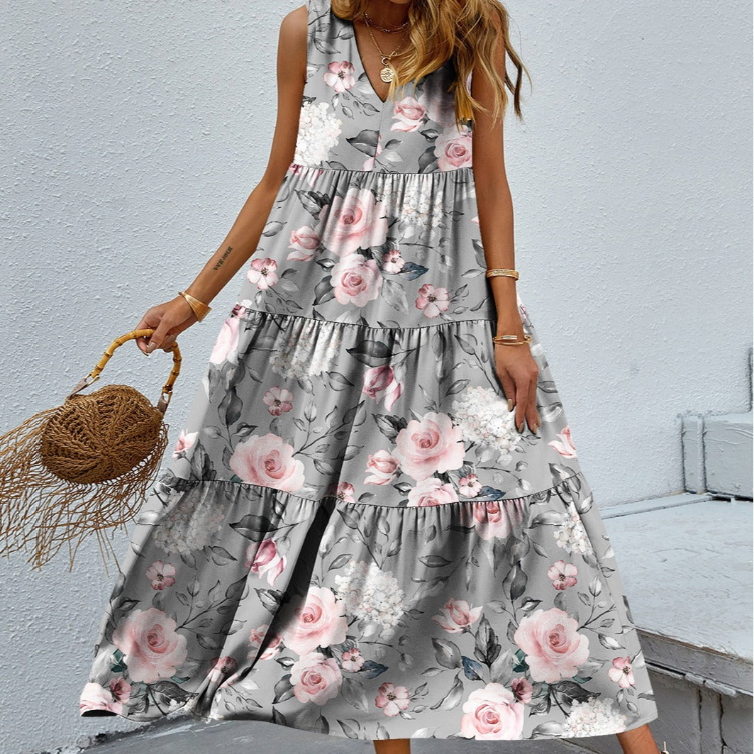 Printed V-neck Patchwork Large Swing Dress