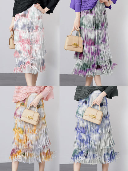 Vintage Tie-dyed Sweet Temperamental Tassels Skirt