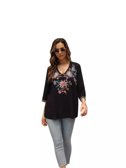 Women's V-neck Embroidered Top