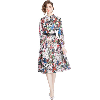 Printed Waist-controlled Long Sleeve Cotton Dress