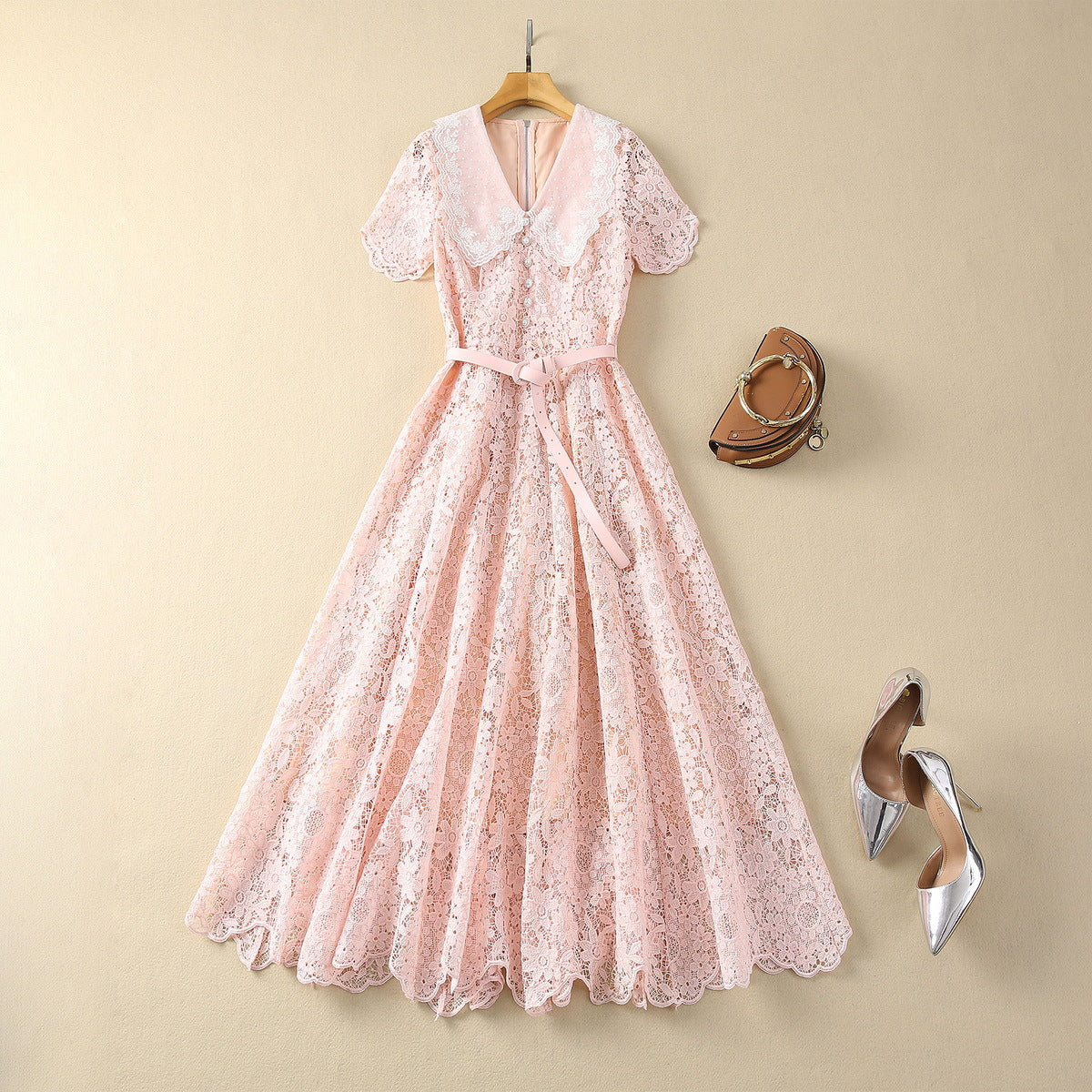 Embroidered Lapel Pearl Drill Buckle Fashion Dress