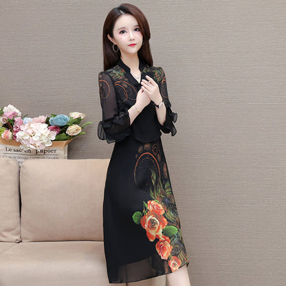 Printed Fake Two Pieces Dress Korean Style Western Style Slim Fit