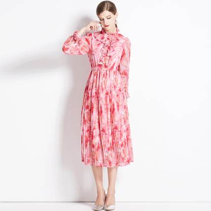 French Floral Chiffon Long Sleeve Dress Women