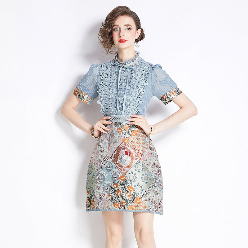 Retro Stand-up Collar Tie Stitching Crochet Hollow Jacquard Dress