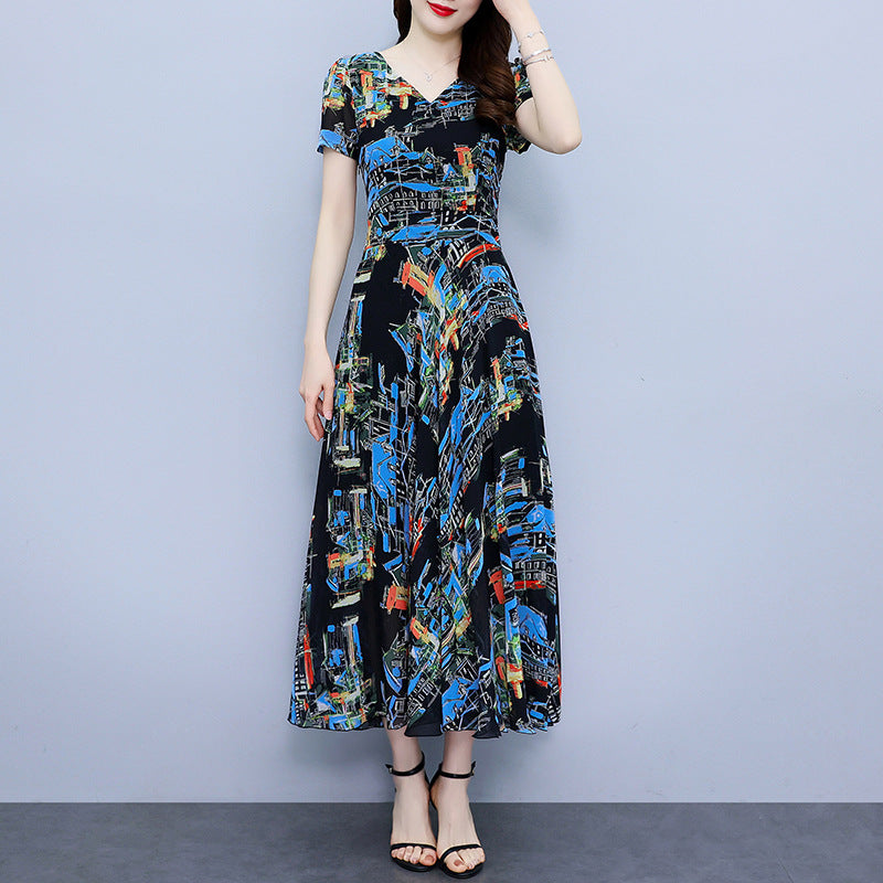 Chiffon Floral Dress Plus Size Plump Girls Waist-tight