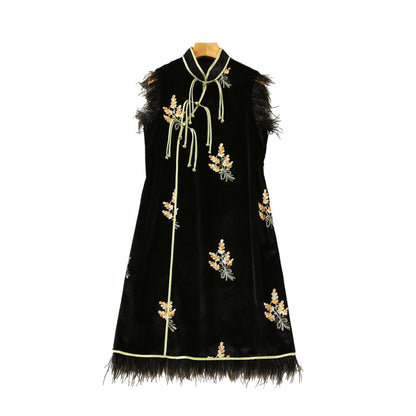 Feather Embroidered Stand Collar Oblique Placket Velvet Dress