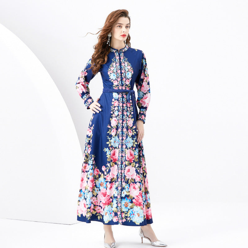 Stand Collar Single-breasted Lantern Sleeve Printed Wide Swing Long Dress