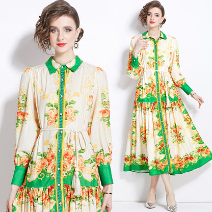 Retro Cotton And Linen Lapel Lantern Sleeve Printing Dress