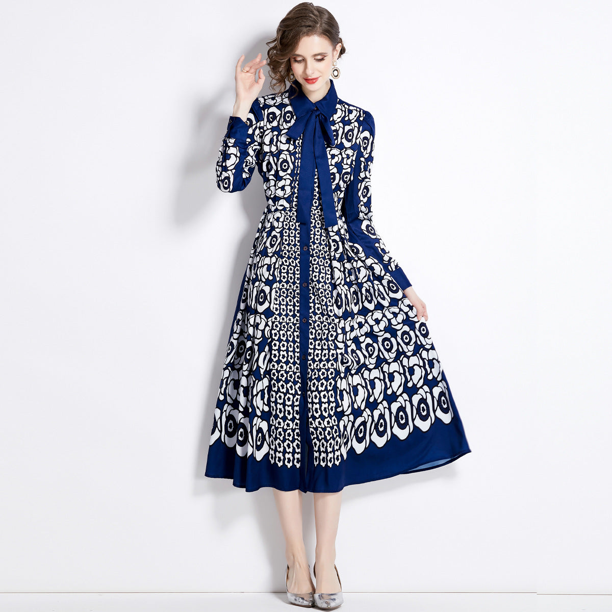 Long Sleeve Single-breasted Slim-fit Printed Dress