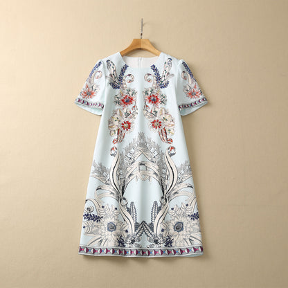 Symmetrical Printed Heavy Industry Beads Diamond Loose Waist Short Sleeve Dress