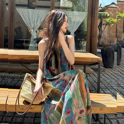 Retro New Chinese Floral Holiday Elegance Sleeveless Dress