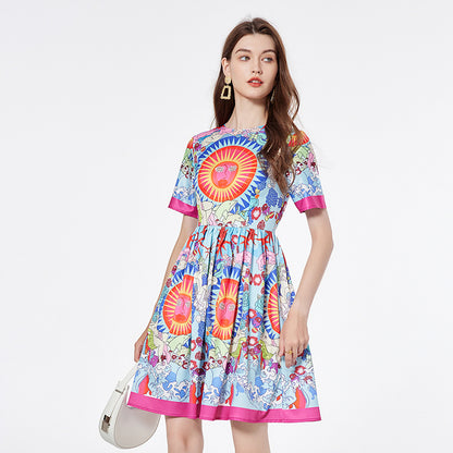 Positioning Printing Round Neck Swing Dress