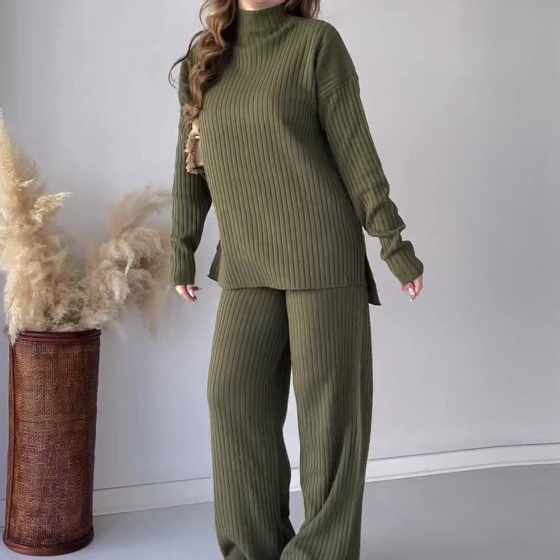 Ensemble deux pièces en tricot décontracté à col rond et pantalon à jambes larges