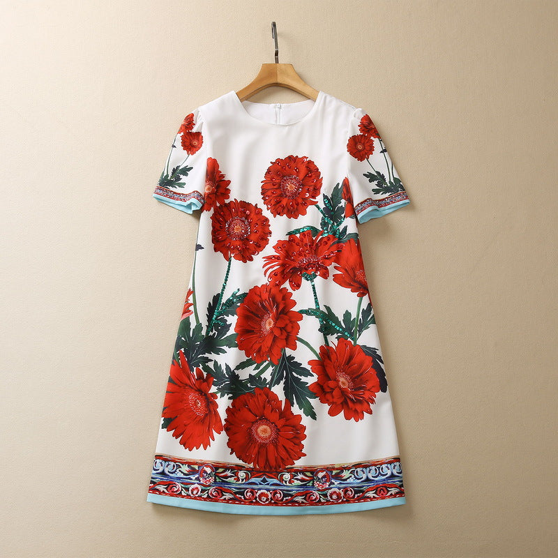 Vestido de moda suelto con flores grandes y lentejuelas hechas a mano