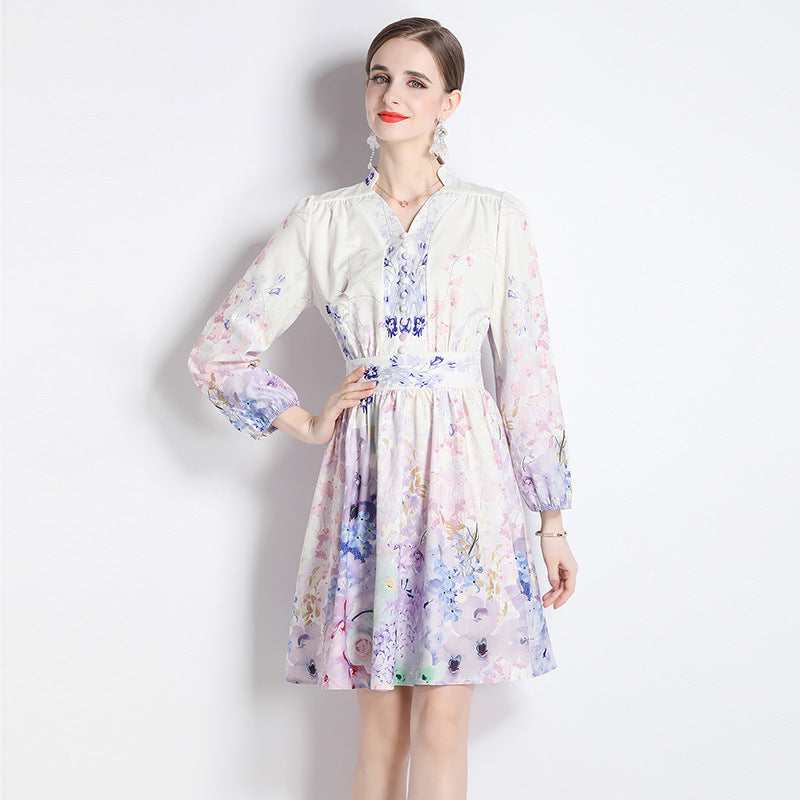 Vestido de manga larga con estampado floral vintage elegante con cuello en V Primavera