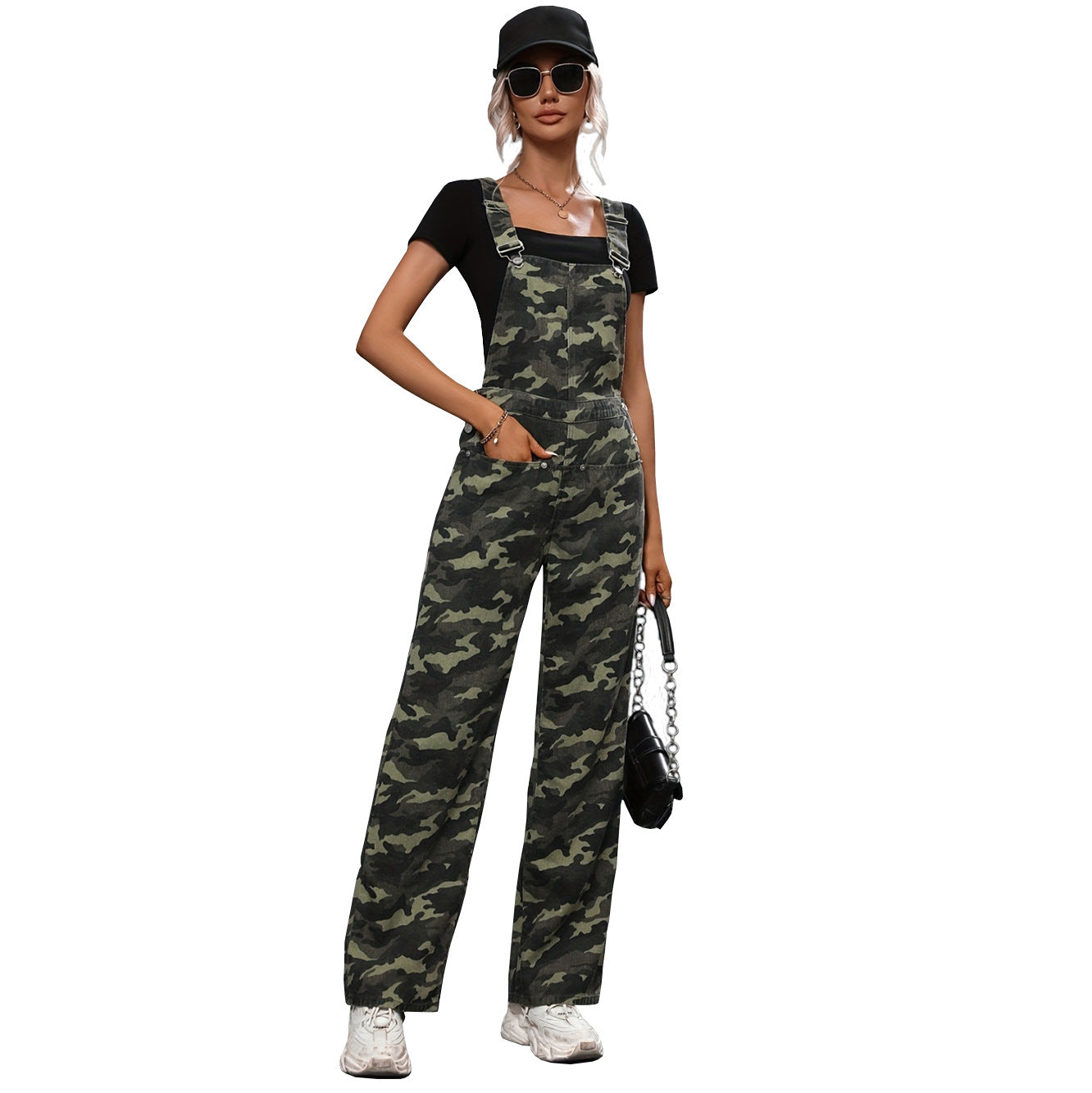 Pantalon à bretelles en Denim, Camouflage de rue, grande poche, jambe droite, pour femmes