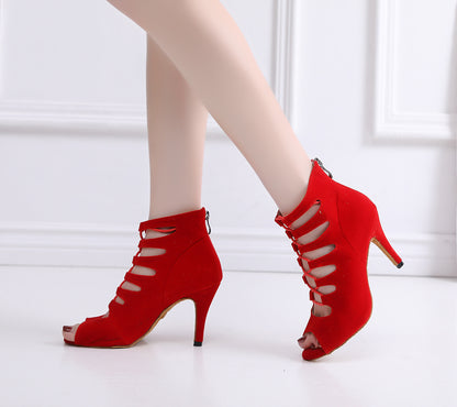 Tacones altos con punta abierta, cortos y parte inferior suave en color rojo para mujer