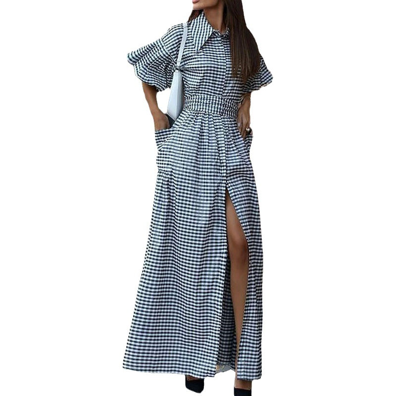 Plaid Casual Polo Collar Split Long Dress