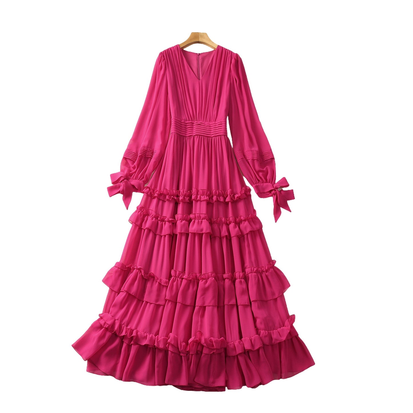 V-neck Pleated Strip Waist-controlled Long Sleeves Dress