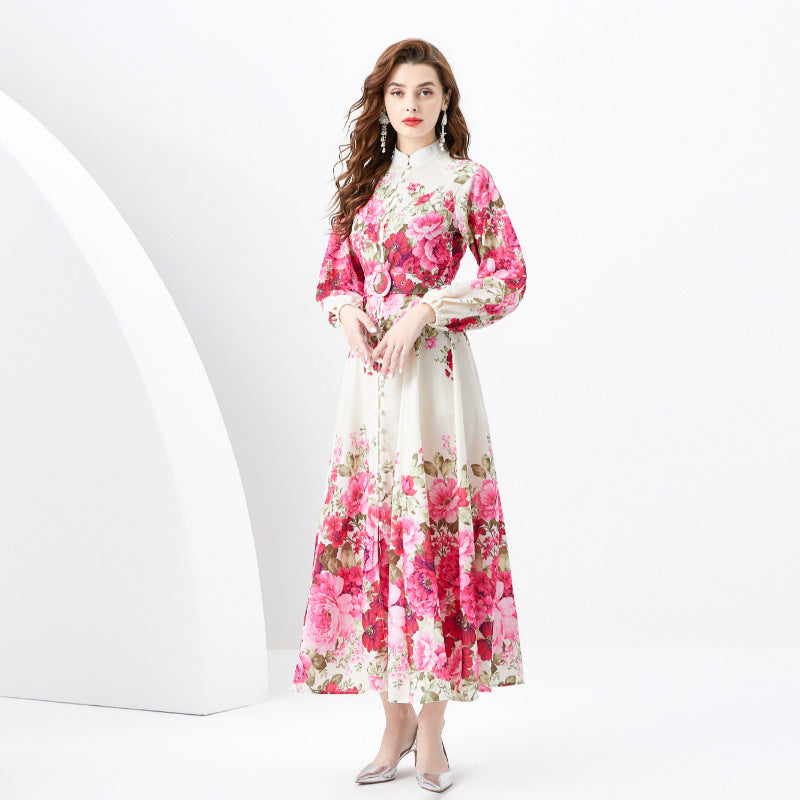 Retro Stand Collar Single-breasted Printed Wide Swing Long Dress