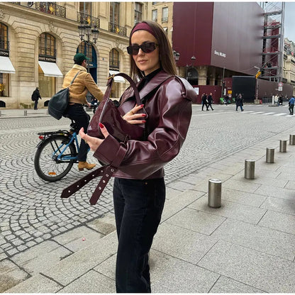 Chaqueta de cuero para mujer Street PU solapa ajustable