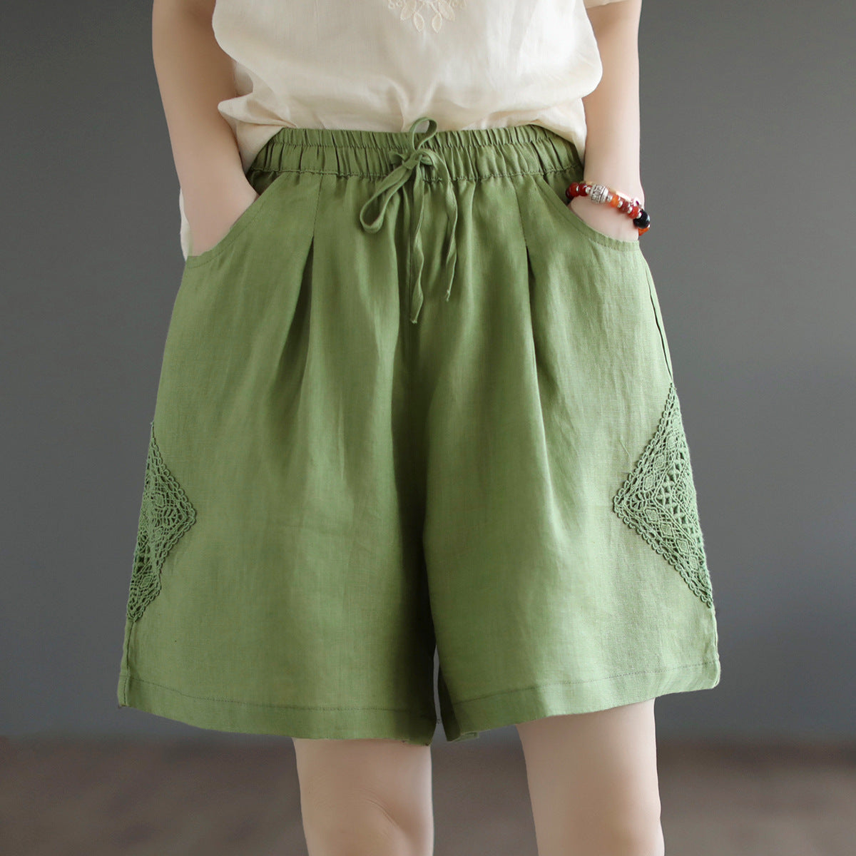 Linen All-matching Stitching Thin Wide Leg Cotton Linen Lace High Waist Leisure