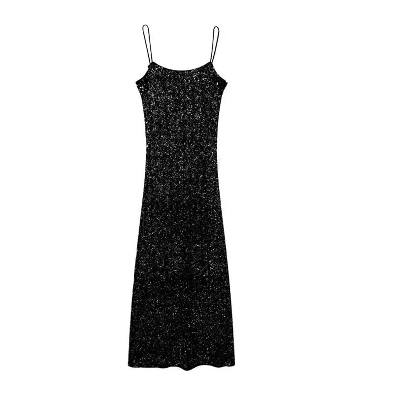 Sequin Decorative High Waist Backless A- Line Slip Dress