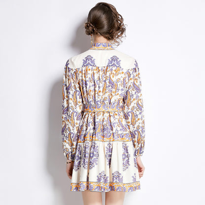 Printed Long Sleeve Retro Short Dress