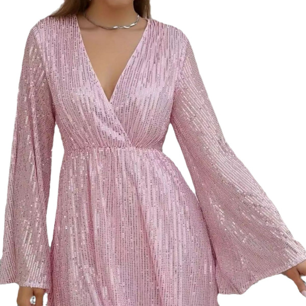 Vestido de noche de fiesta para personas mayores adelgazante con cintura de lentejuelas y cuello en V