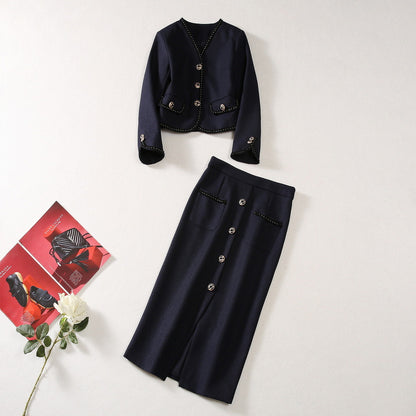 Rivet Lace V-neck Coat Front Slit Skirt Fashion Suit