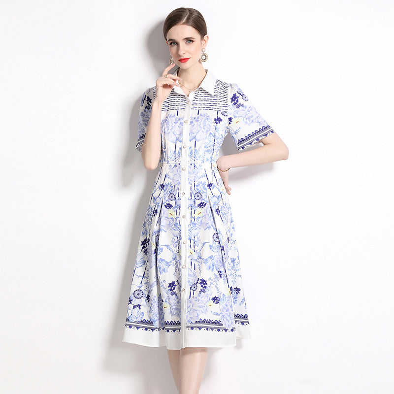 Slim Shirt Collar Short Sleeve Mid-length Printed Dress