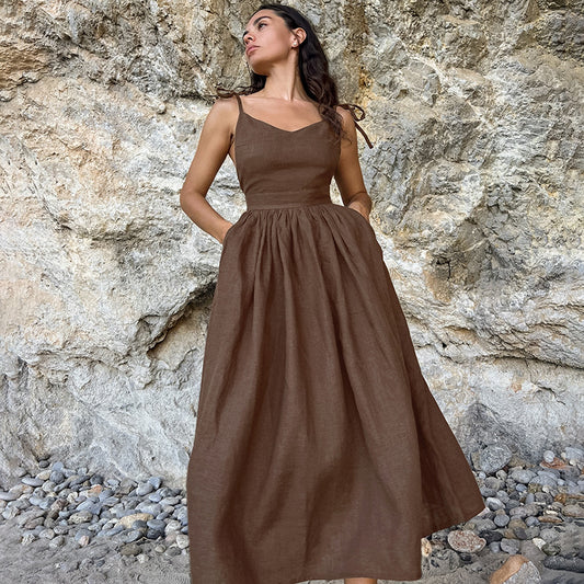 Robe française en coton et lin, bretelles respirantes, taille haute, jupe longue de Style vacances pour femmes